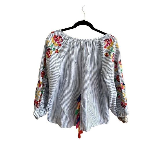 New Chelsea & Theodore Blue Chambray Stripe Embroidered White Top linen blend Wo - Picture 2 of 11